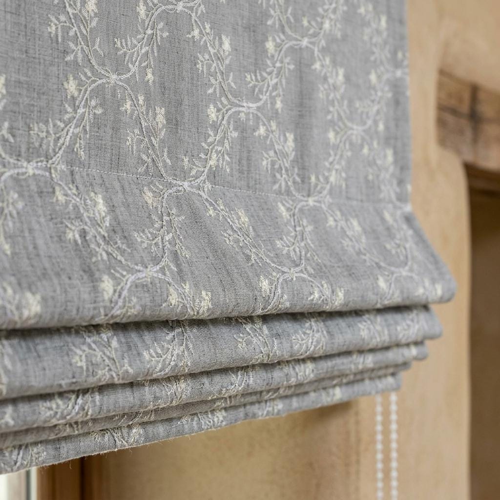 Gray Linen Roman Shade, Ivory Embroidered Floral Vine Blind, Custom Corded Window Shade, Blackout or Cotton Lined — image 5