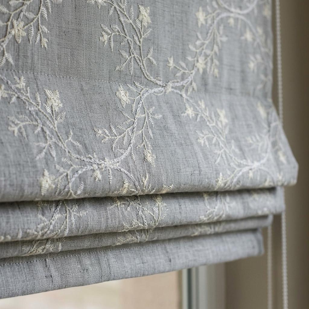 Gray Linen Roman Shade, Ivory Embroidered Floral Vine Blind, Custom Corded Window Shade, Blackout or Cotton Lined — image 1