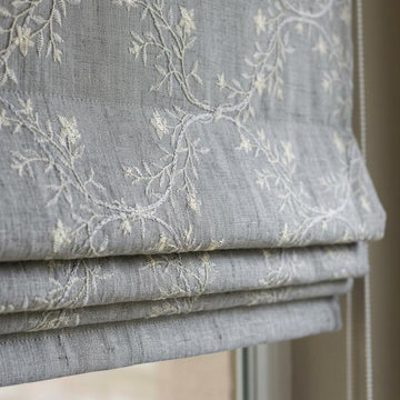 Gray Linen Roman Shade, Ivory Embroidered Floral Vine Blind, Custom Corded Window Shade, Blackout or Cotton Lined — image 1