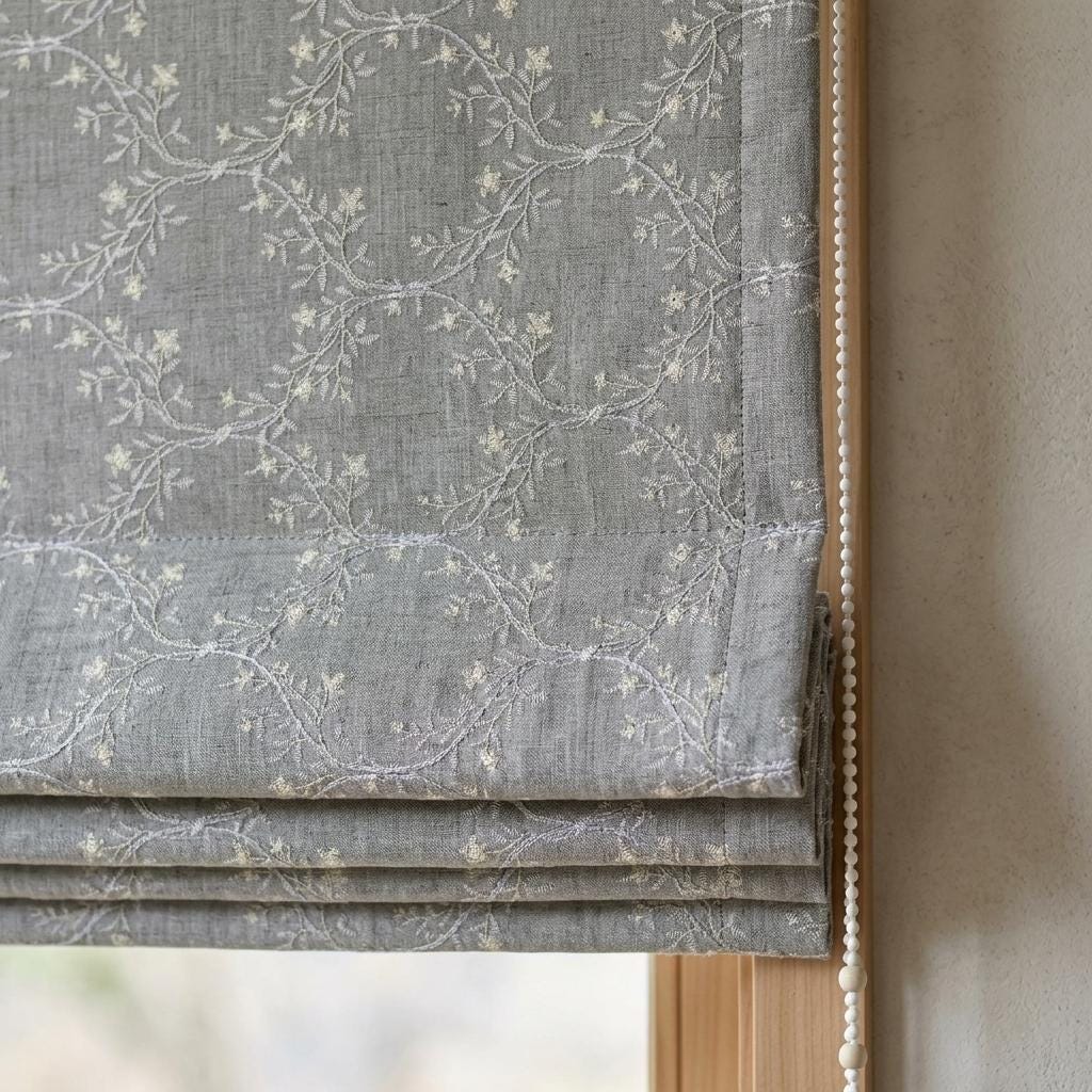 Gray Linen Roman Shade, Ivory Embroidered Floral Vine Blind, Custom Corded Window Shade, Blackout or Cotton Lined — image 6