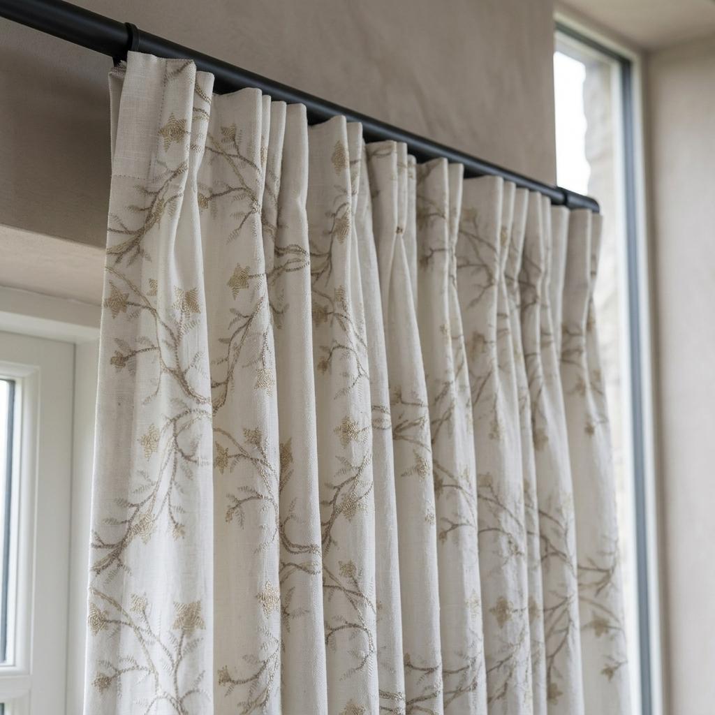 White Linen Embroidered Curtains, Beige Ivory Botanical Vine Drapes, Custom Blackout or Cotton Lined Floral Panels — image 9