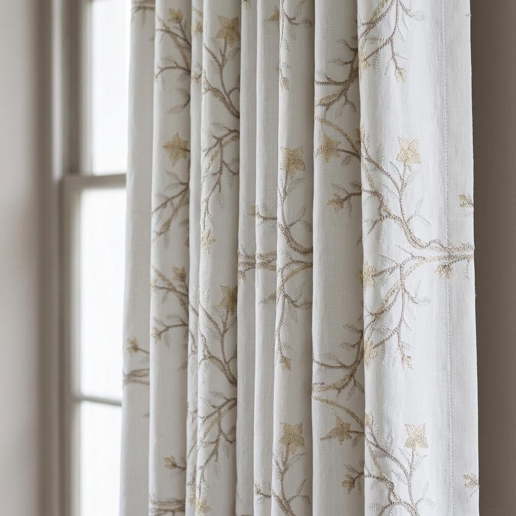 White Linen Embroidered Curtains, Beige Ivory Botanical Vine Drapes, Custom Blackout or Cotton Lined Floral Panels — image 6