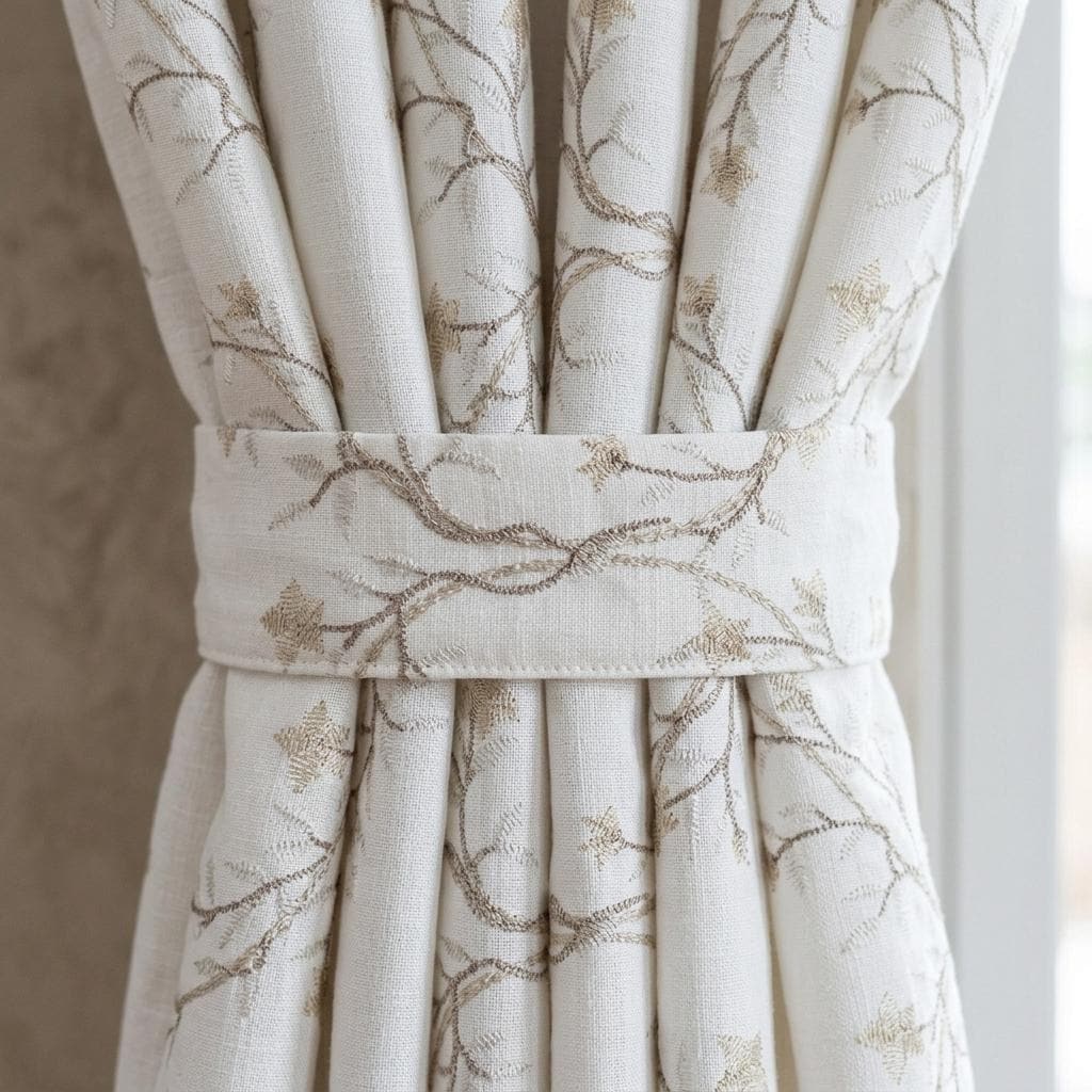 White Linen Embroidered Curtains, Beige Ivory Botanical Vine Drapes, Custom Blackout or Cotton Lined Floral Panels — image 3