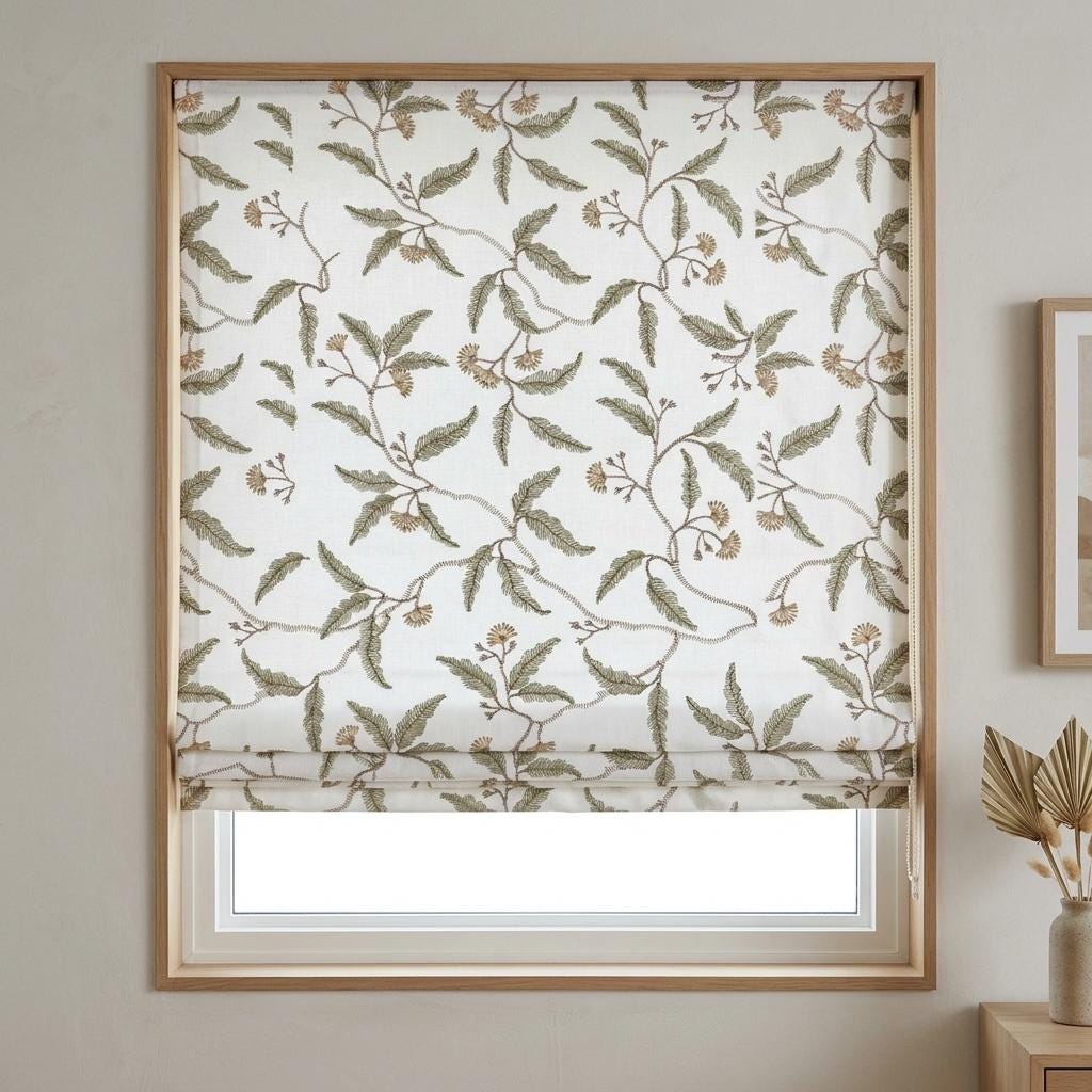 White Linen Roman Shade, Sage Green Beige Embroidered Floral Vine Blind, Custom Corded Window Shade, Blackout or Cotton Lined — image 2