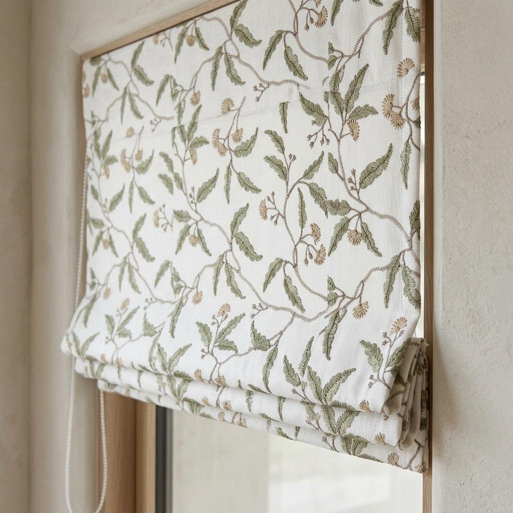 White Linen Roman Shade, Sage Green Beige Embroidered Floral Vine Blind, Custom Corded Window Shade, Blackout or Cotton Lined — image 3
