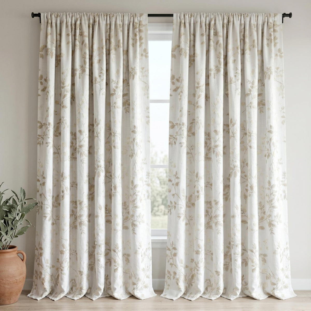 White Linen Embroidered Curtains, Beige Leaf Vine Floral Drapes, Custom Blackout or Cotton Lined Curtain Panels — image 8
