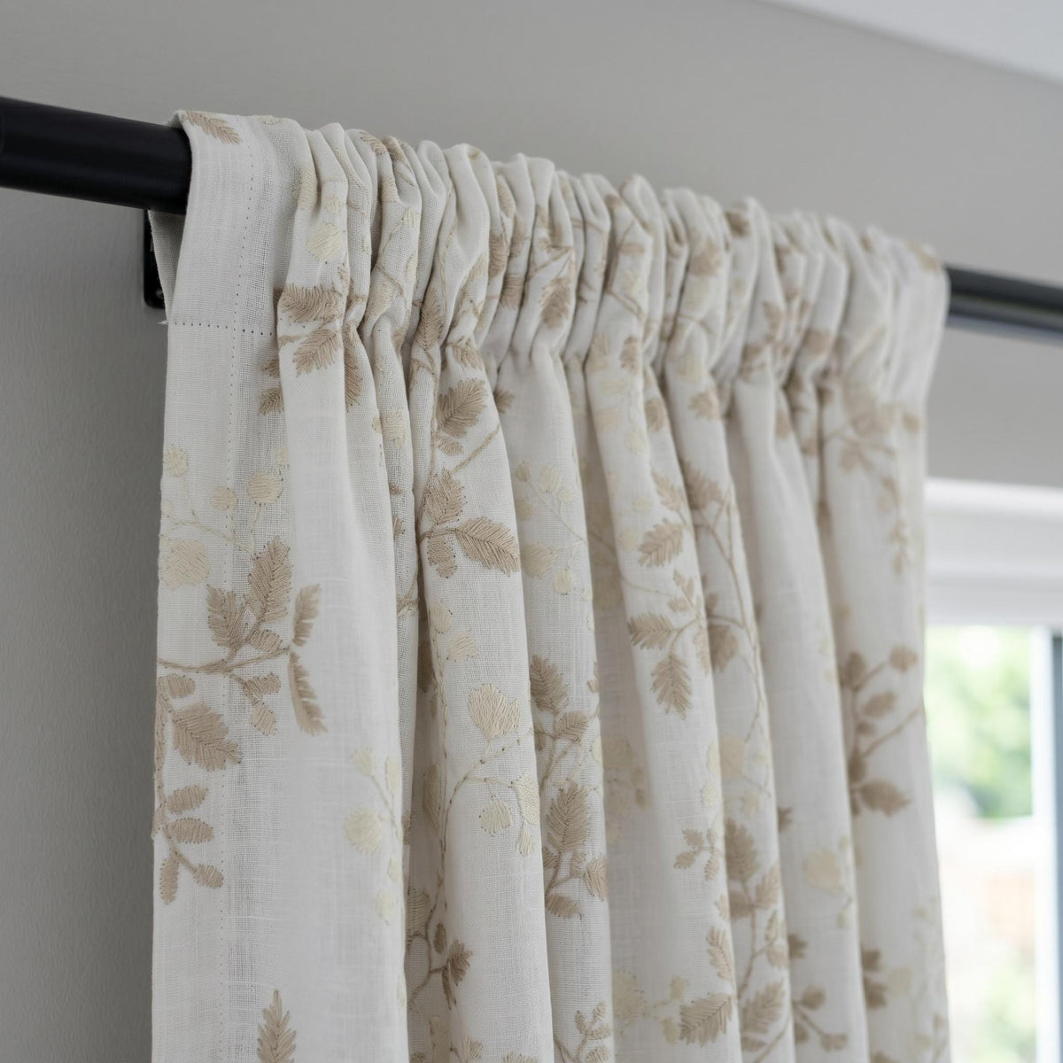 White Linen Embroidered Curtains, Beige Leaf Vine Floral Drapes, Custom Blackout or Cotton Lined Curtain Panels — image 3
