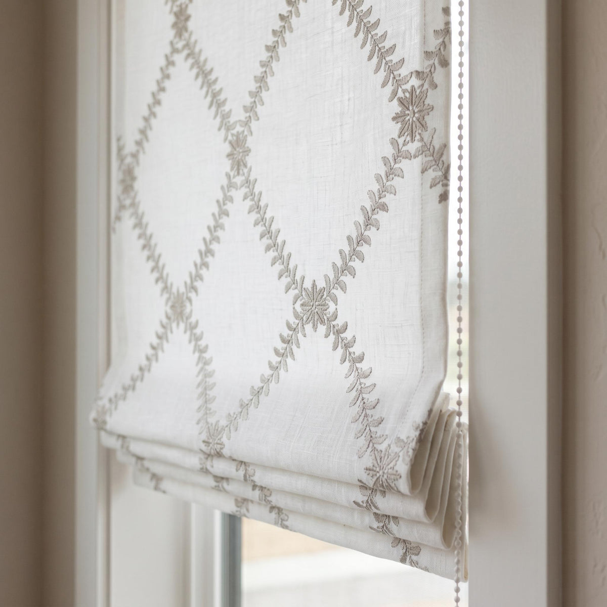 White Linen Roman Shade, Greige Taupe Embroidered Trellis Vine Blind, Custom Corded Window Shade, Blackout or Cotton Lined — image 4