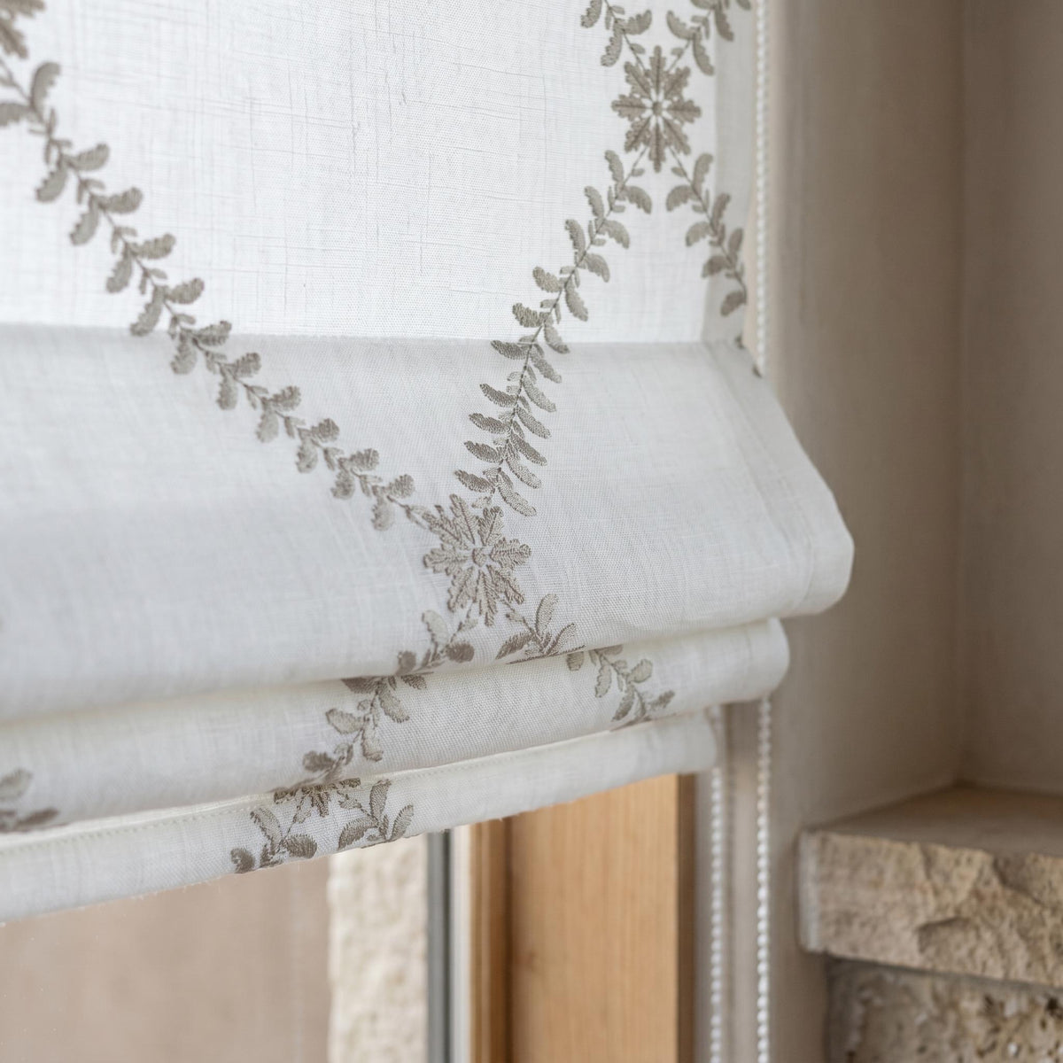 White Linen Roman Shade, Greige Taupe Embroidered Trellis Vine Blind, Custom Corded Window Shade, Blackout or Cotton Lined — image 6