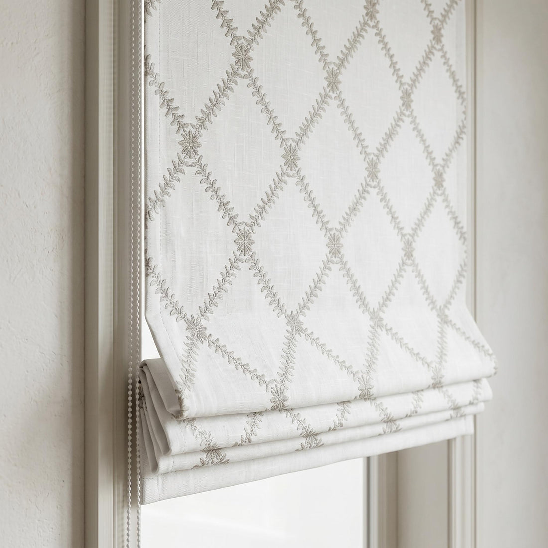 White Linen Roman Shade, Greige Taupe Embroidered Trellis Vine Blind, Custom Corded Window Shade, Blackout or Cotton Lined — image 1