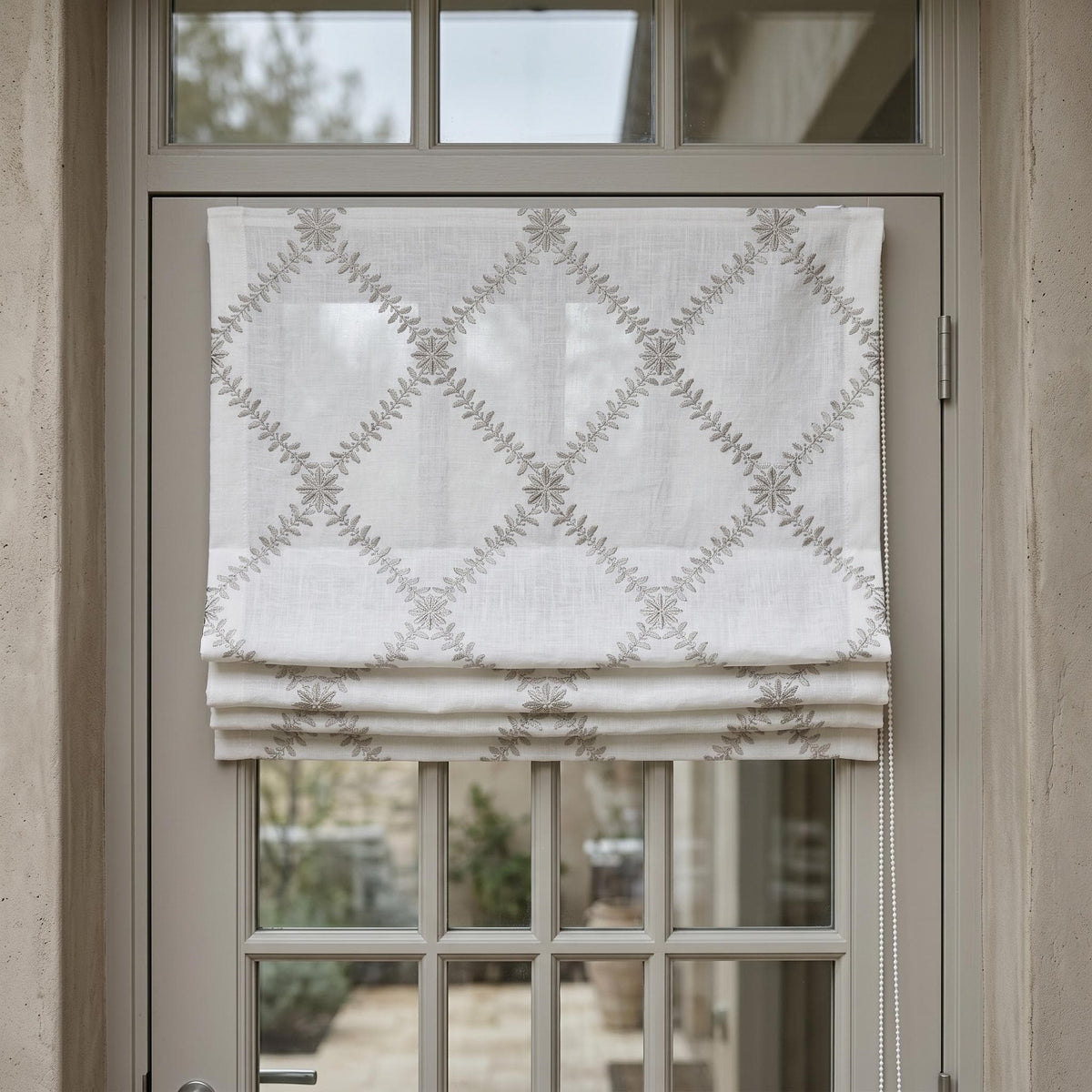 White Linen Roman Shade, Greige Taupe Embroidered Trellis Vine Blind, Custom Corded Window Shade, Blackout or Cotton Lined — image 3