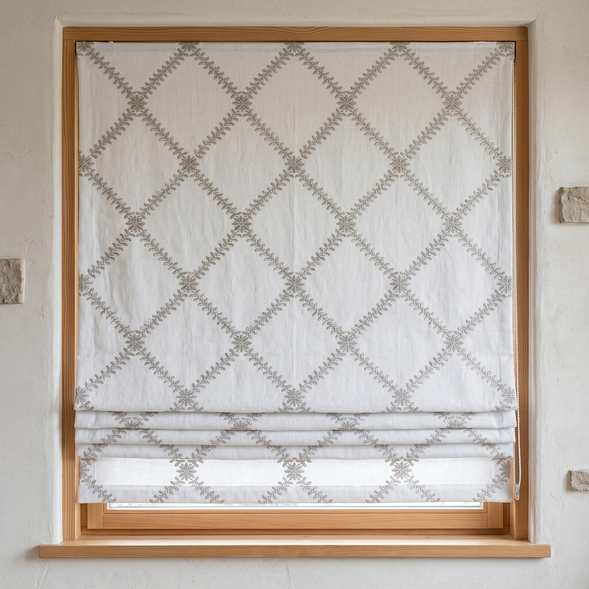 White Linen Roman Shade, Greige Taupe Embroidered Trellis Vine Blind, Custom Corded Window Shade, Blackout or Cotton Lined — image 8