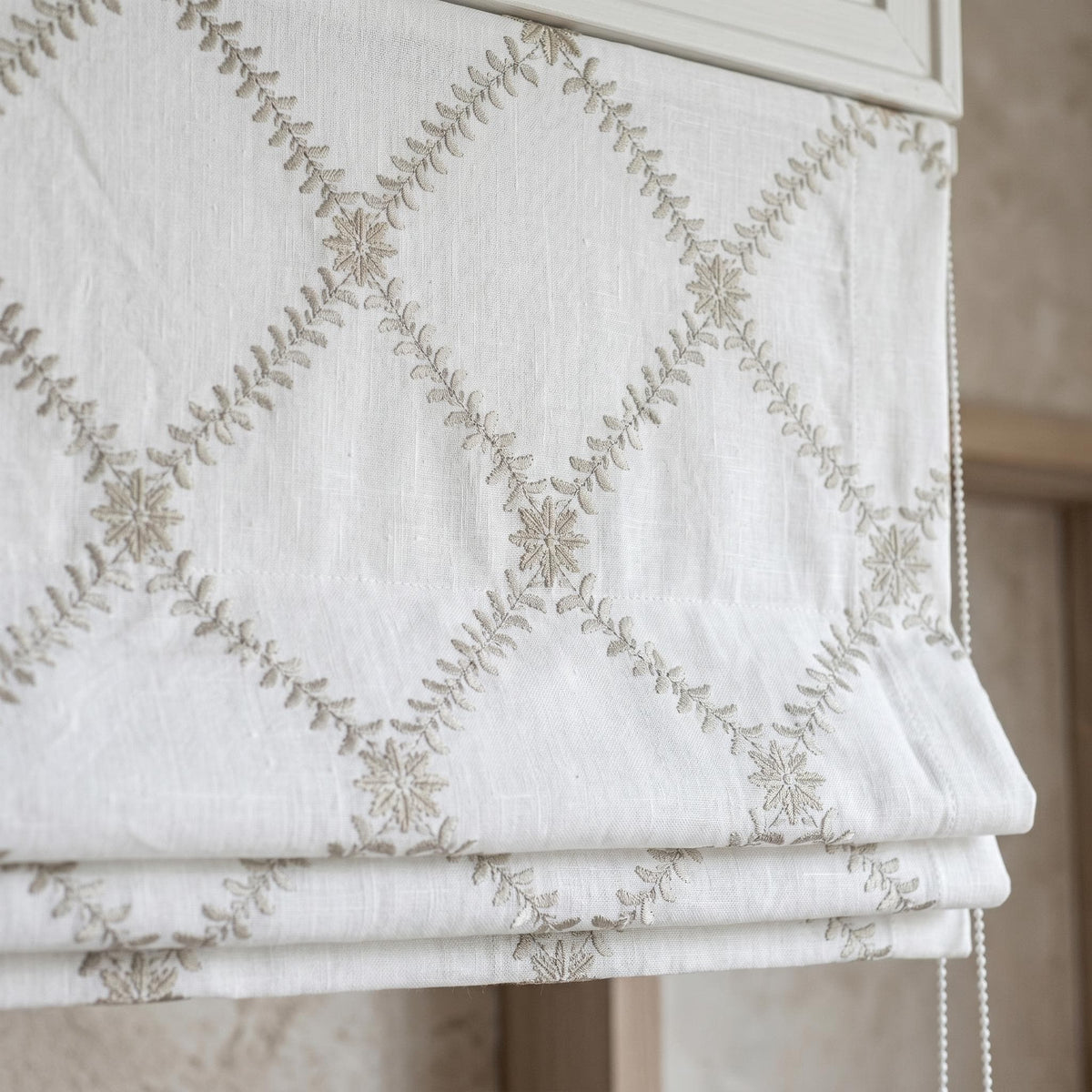 White Linen Roman Shade, Greige Taupe Embroidered Trellis Vine Blind, Custom Corded Window Shade, Blackout or Cotton Lined — image 1