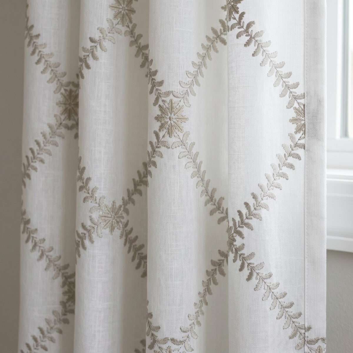 White Linen Embroidered Curtains, Mushroom Taupe Vine Drapes, Custom Blackout or Cotton Lined Floral Panels — image 6