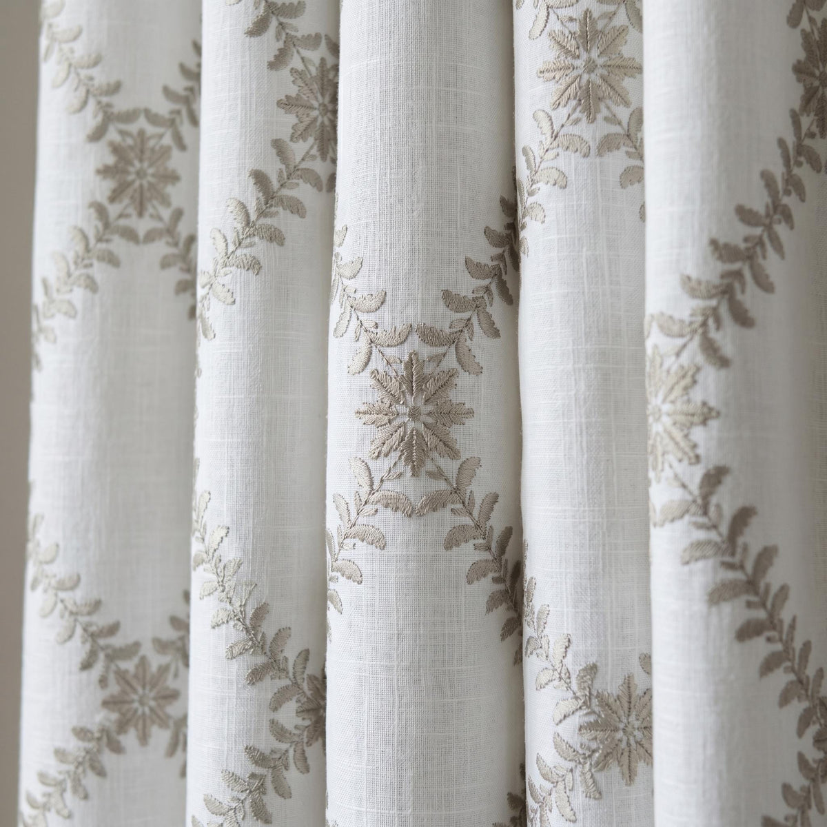 White Linen Embroidered Curtains, Mushroom Taupe Vine Drapes, Custom Blackout or Cotton Lined Floral Panels — image 4