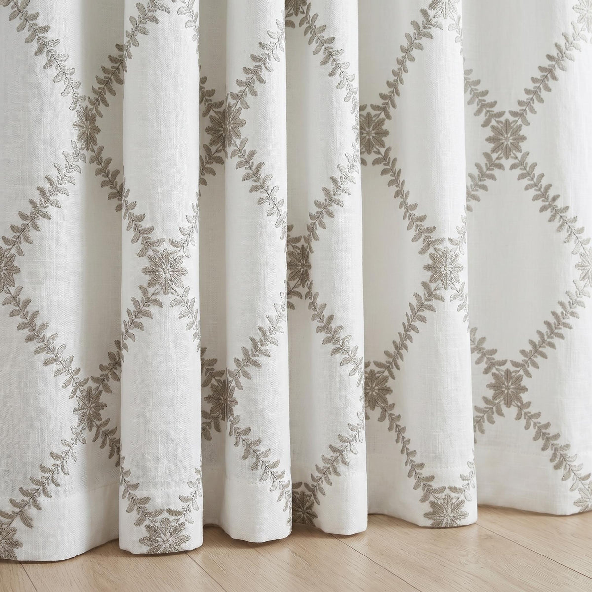 White Linen Embroidered Curtains, Mushroom Taupe Vine Drapes, Custom Blackout or Cotton Lined Floral Panels — image 3