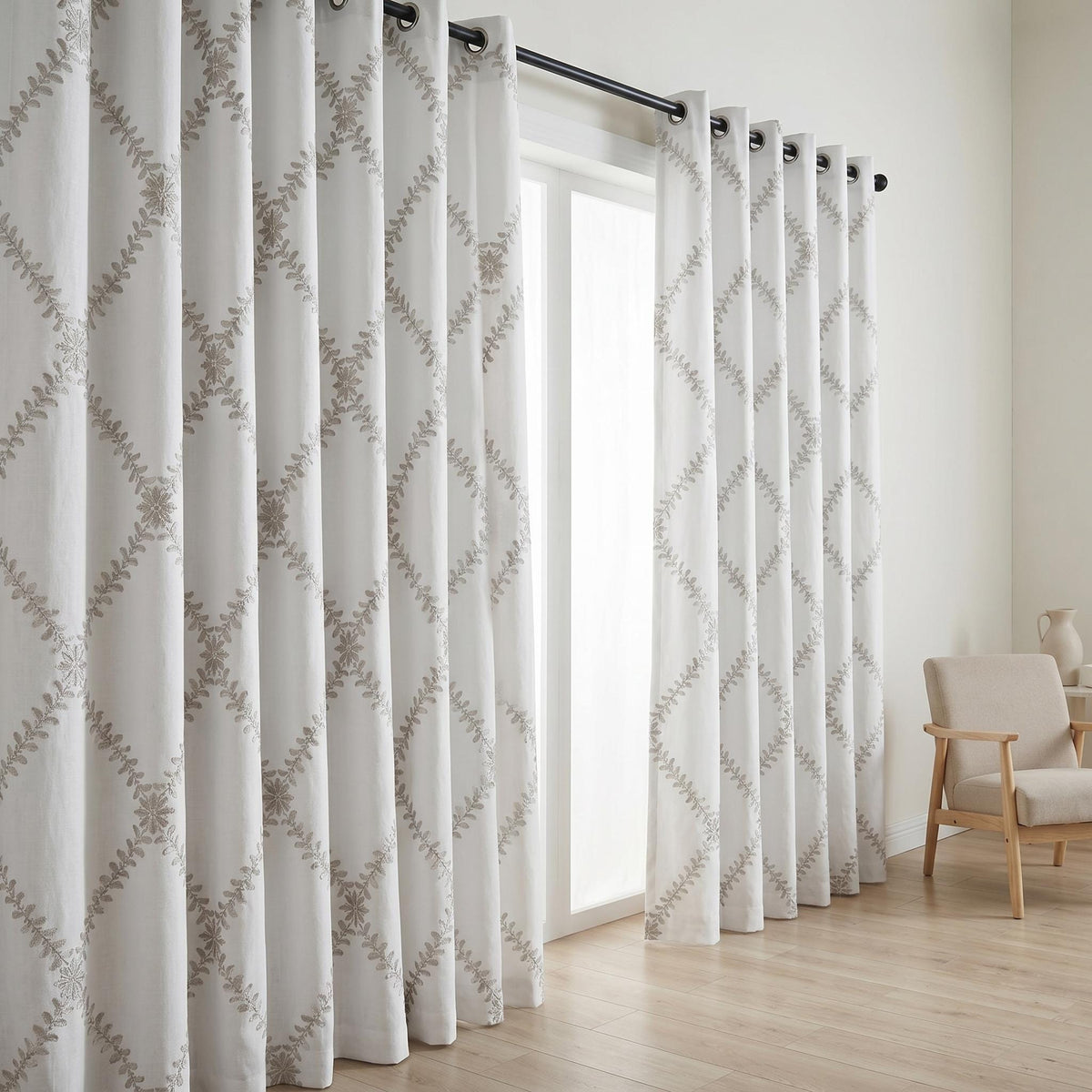 White Linen Embroidered Curtains, Mushroom Taupe Vine Drapes, Custom Blackout or Cotton Lined Floral Panels — image 10