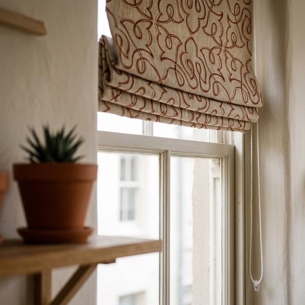 Rust Red Embroidered Linen Roman Shade, Custom Corded Roman Blind, Beige Floral Vine Window Shade, Oeko Tex Blackout or Light Filter — image 1