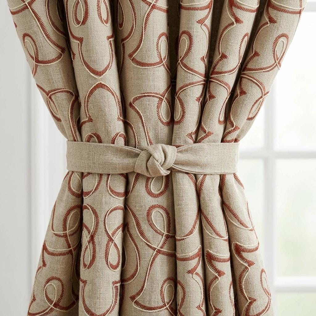 Rust Red Embroidered Pure Linen Curtains, Natural Beige Heavy Drapes, Floral Vine Panels, Custom Blackout Cafe Curtains — image 4