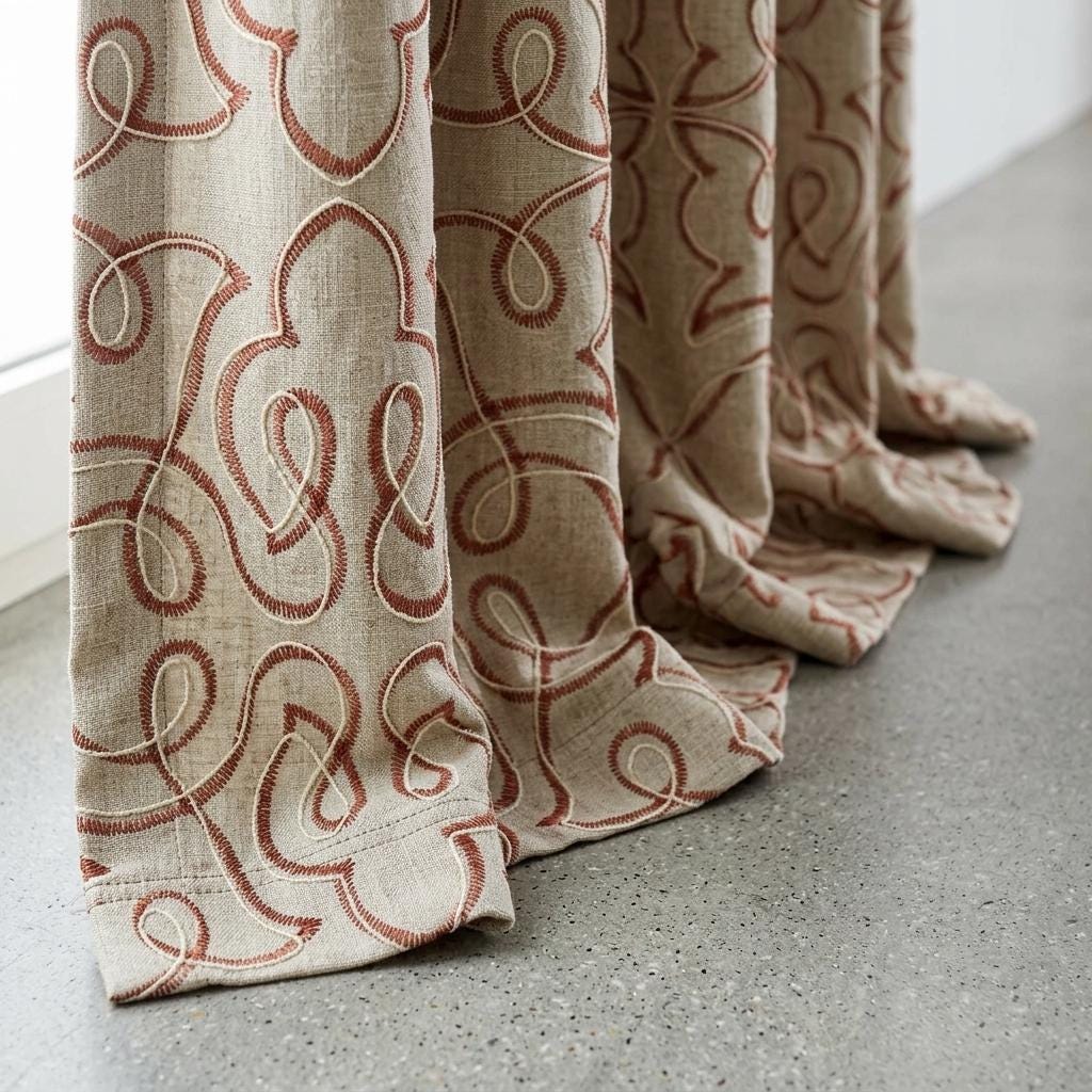 Rust Red Embroidered Pure Linen Curtains, Natural Beige Heavy Drapes, Floral Vine Panels, Custom Blackout Cafe Curtains — image 3