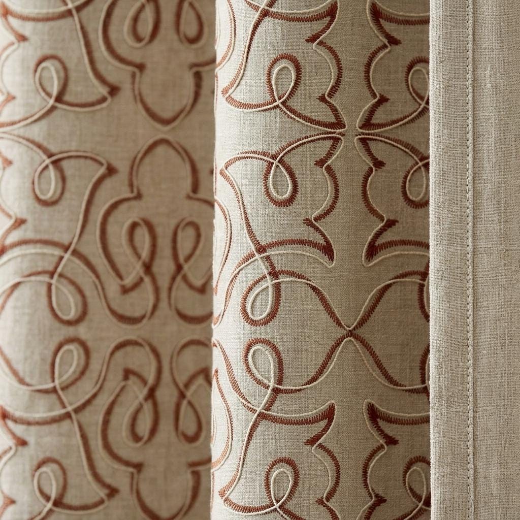 Rust Red Embroidered Pure Linen Curtains, Natural Beige Heavy Drapes, Floral Vine Panels, Custom Blackout Cafe Curtains — image 7