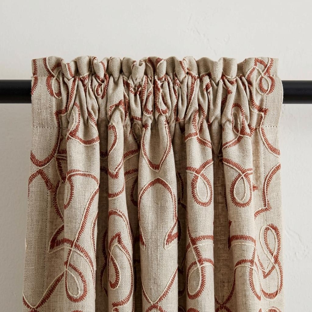 Rust Red Embroidered Pure Linen Curtains, Natural Beige Heavy Drapes, Floral Vine Panels, Custom Blackout Cafe Curtains — image 5