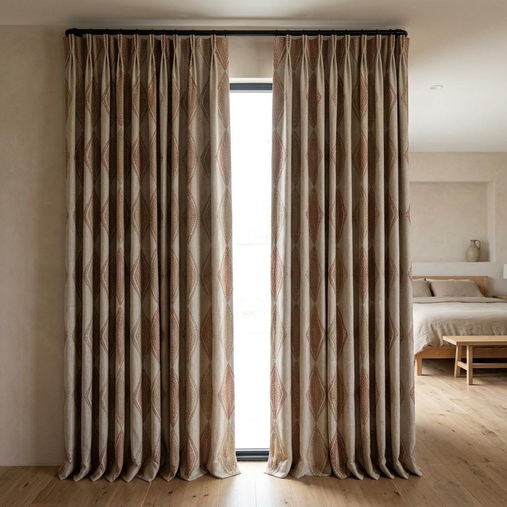 Pure Linen Embroidered Curtains, Rust Beige Diamond Ogee Drapes, Custom Blackout or Cotton Lined Panels — image 10