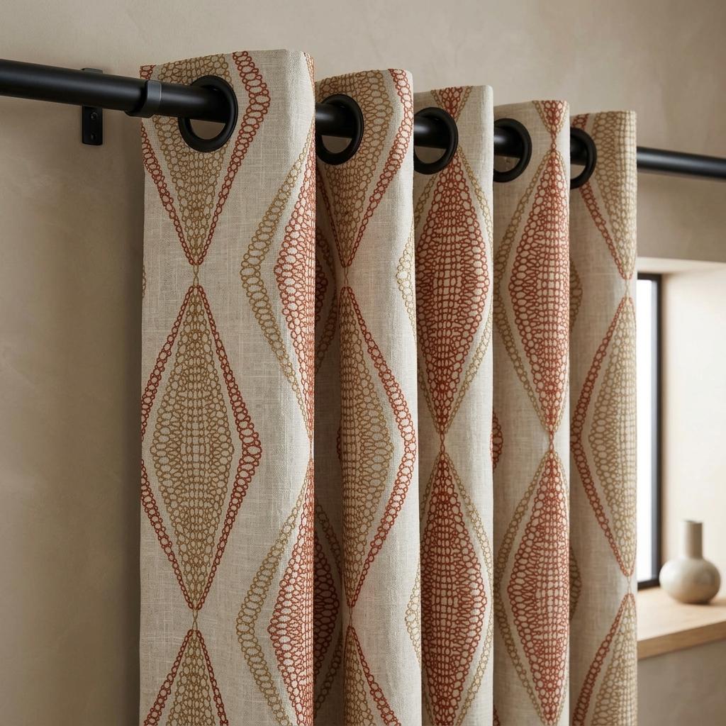 Pure Linen Embroidered Curtains, Rust Beige Diamond Ogee Drapes, Custom Blackout or Cotton Lined Panels — image 3