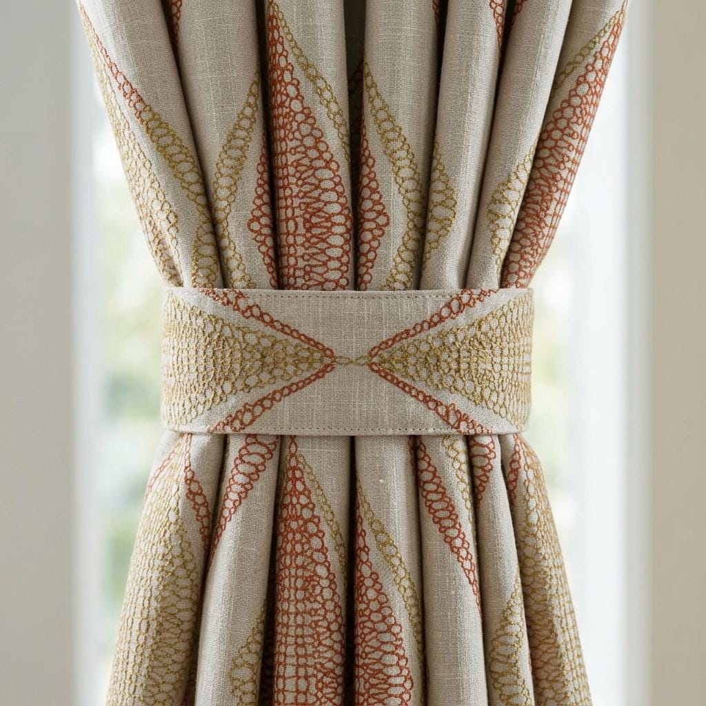 Pure Linen Embroidered Curtains, Rust Beige Diamond Ogee Drapes, Custom Blackout or Cotton Lined Panels — image 2