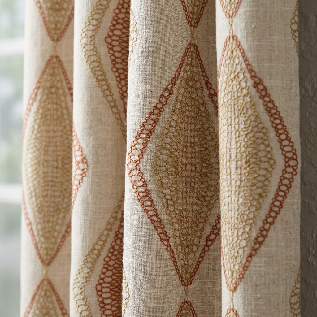 Pure Linen Embroidered Curtains, Rust Beige Diamond Ogee Drapes, Custom Blackout or Cotton Lined Panels — image 9