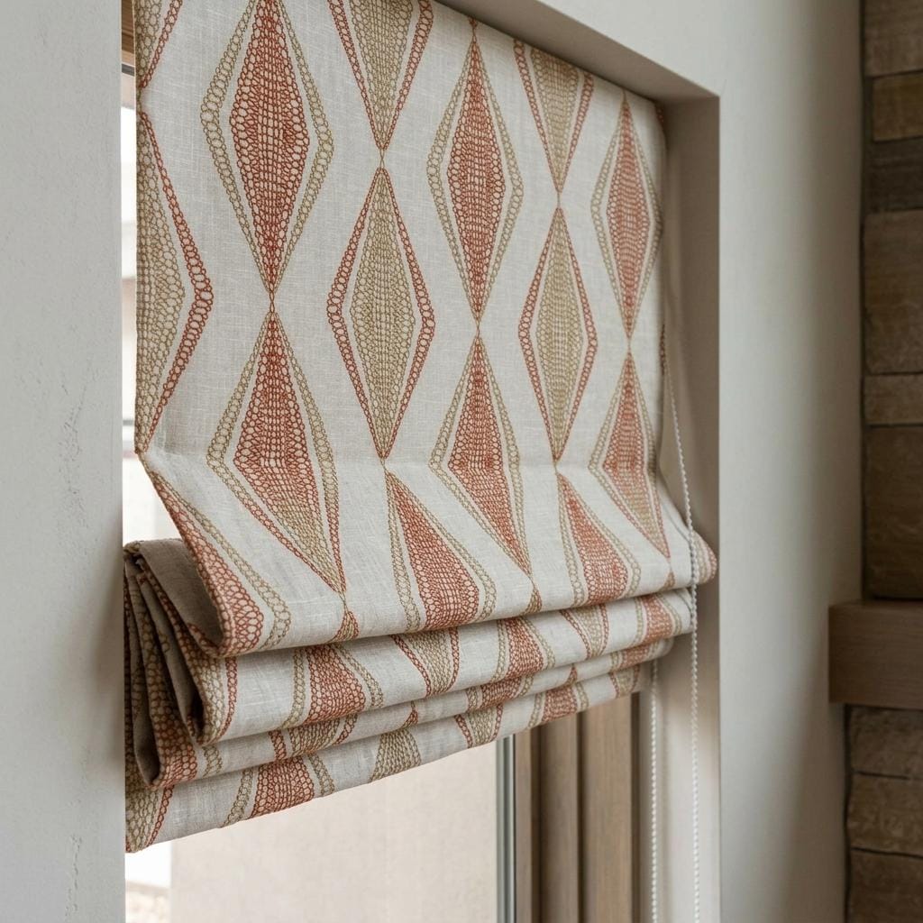 Natural Beige Linen Roman Shade, Rust Orange Embroidered Geometric Blind, Custom Corded Window Shade, Blackout or Cotton Lined — image 2