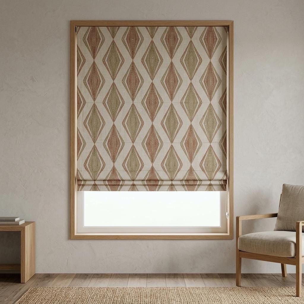 Natural Beige Linen Roman Shade, Rust Orange Embroidered Geometric Blind, Custom Corded Window Shade, Blackout or Cotton Lined — image 4