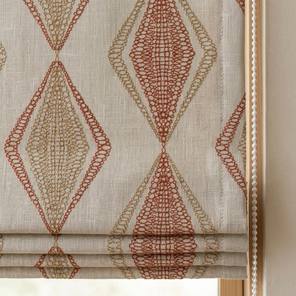 Natural Beige Linen Roman Shade, Rust Orange Embroidered Geometric Blind, Custom Corded Window Shade, Blackout or Cotton Lined — image 1