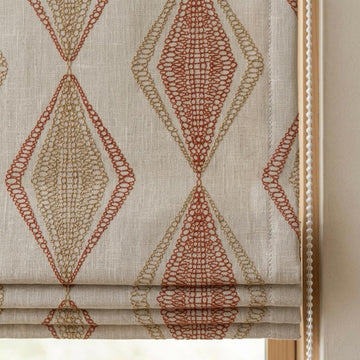 Natural Beige Linen Roman Shade, Rust Orange Embroidered Geometric Blind, Custom Corded Window Shade, Blackout or Cotton Lined — image 1
