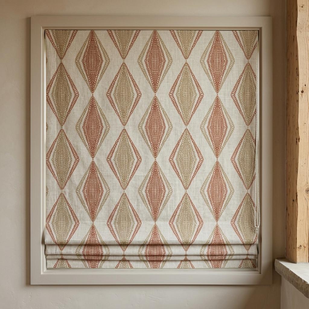 Natural Beige Linen Roman Shade, Rust Orange Embroidered Geometric Blind, Custom Corded Window Shade, Blackout or Cotton Lined — image 7
