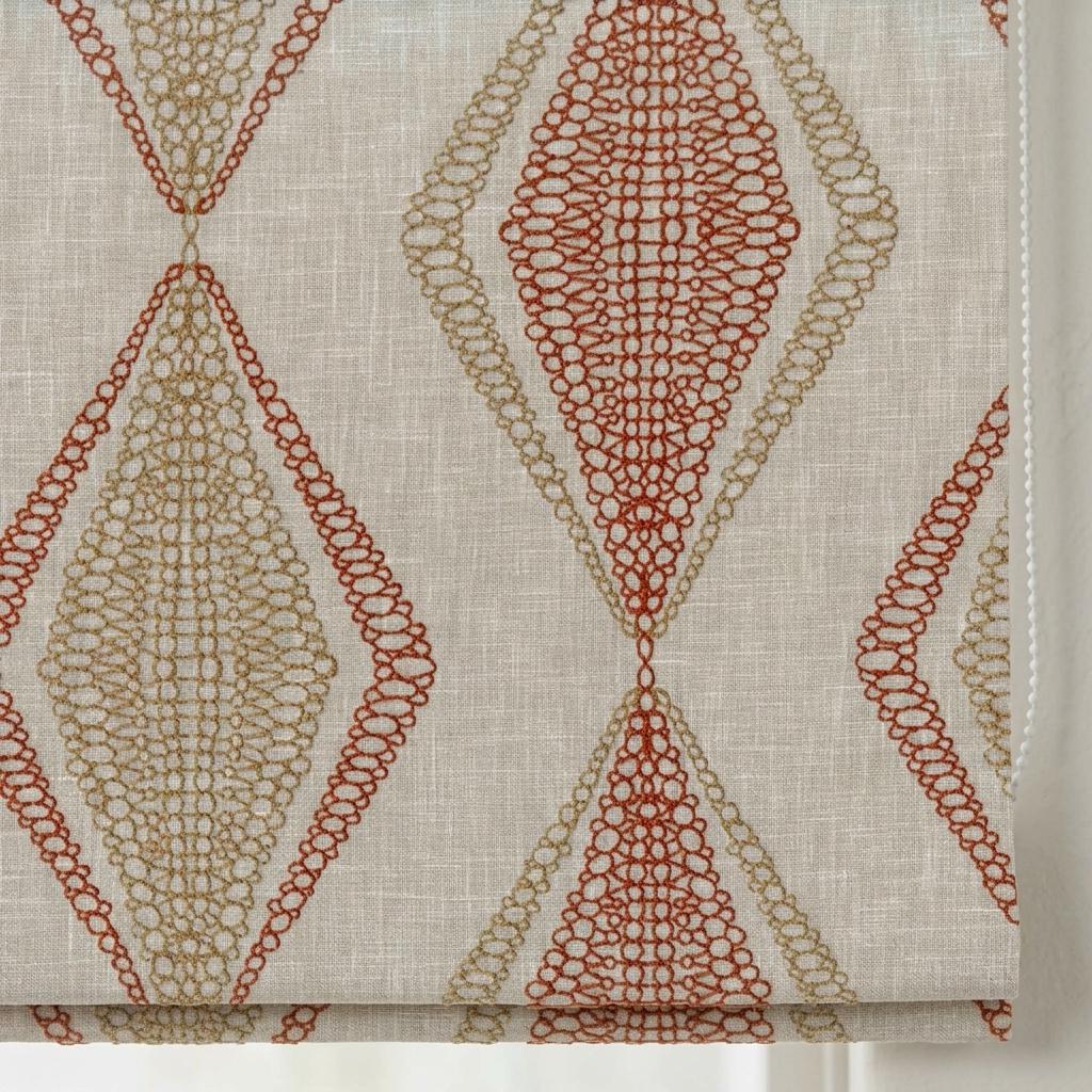 Natural Beige Linen Roman Shade, Rust Orange Embroidered Geometric Blind, Custom Corded Window Shade, Blackout or Cotton Lined — image 6