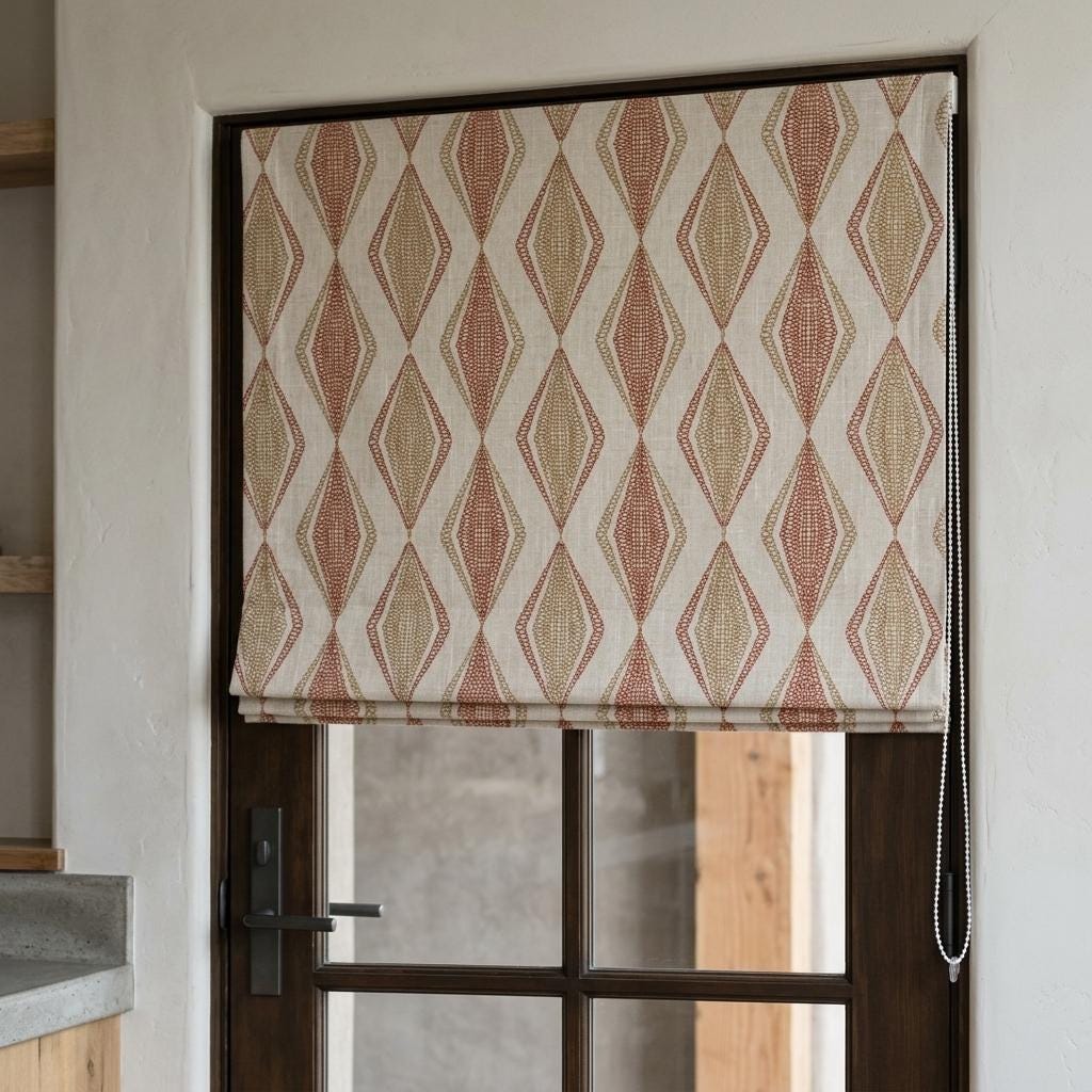 Natural Beige Linen Roman Shade, Rust Orange Embroidered Geometric Blind, Custom Corded Window Shade, Blackout or Cotton Lined — image 3