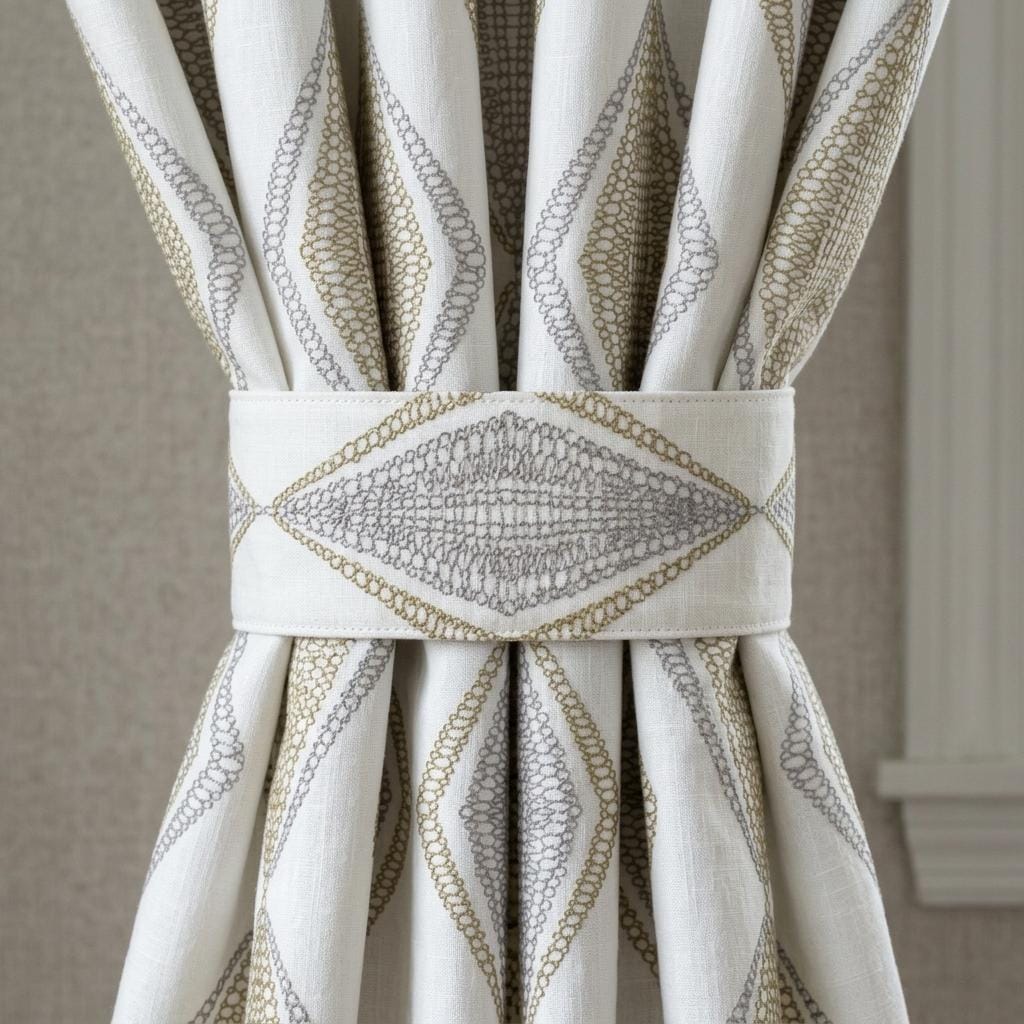 White Linen Embroidered Curtains, Sage Taupe Diamond Ogee Drapes, Custom Blackout or Cotton Lined Panels — image 2