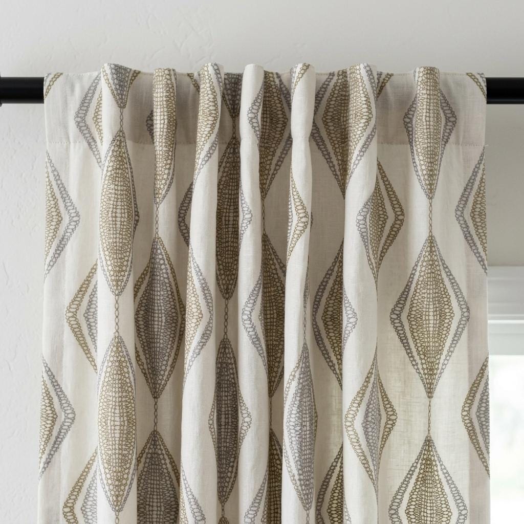 White Linen Embroidered Curtains, Sage Taupe Diamond Ogee Drapes, Custom Blackout or Cotton Lined Panels — image 3