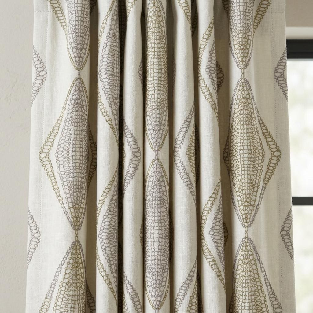 White Linen Embroidered Curtains, Sage Taupe Diamond Ogee Drapes, Custom Blackout or Cotton Lined Panels — image 4