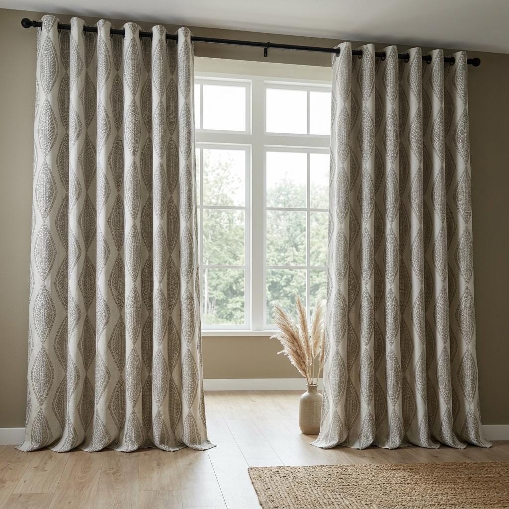 White Linen Embroidered Curtains, Sage Taupe Diamond Ogee Drapes, Custom Blackout or Cotton Lined Panels — image 6
