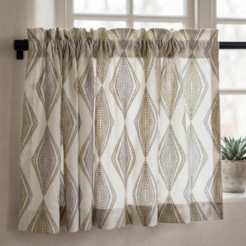 White Linen Embroidered Curtains, Sage Taupe Diamond Ogee Drapes, Custom Blackout or Cotton Lined Panels — image 7