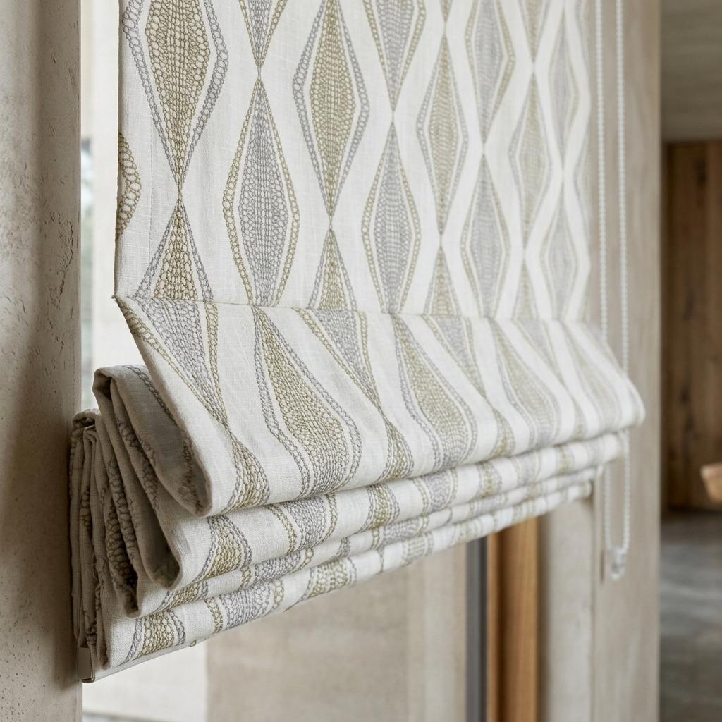 White Linen Roman Shade, Olive Green Gray Embroidered Diamond Blind, Custom Corded Window Shade, Blackout or Cotton Lined — image 3