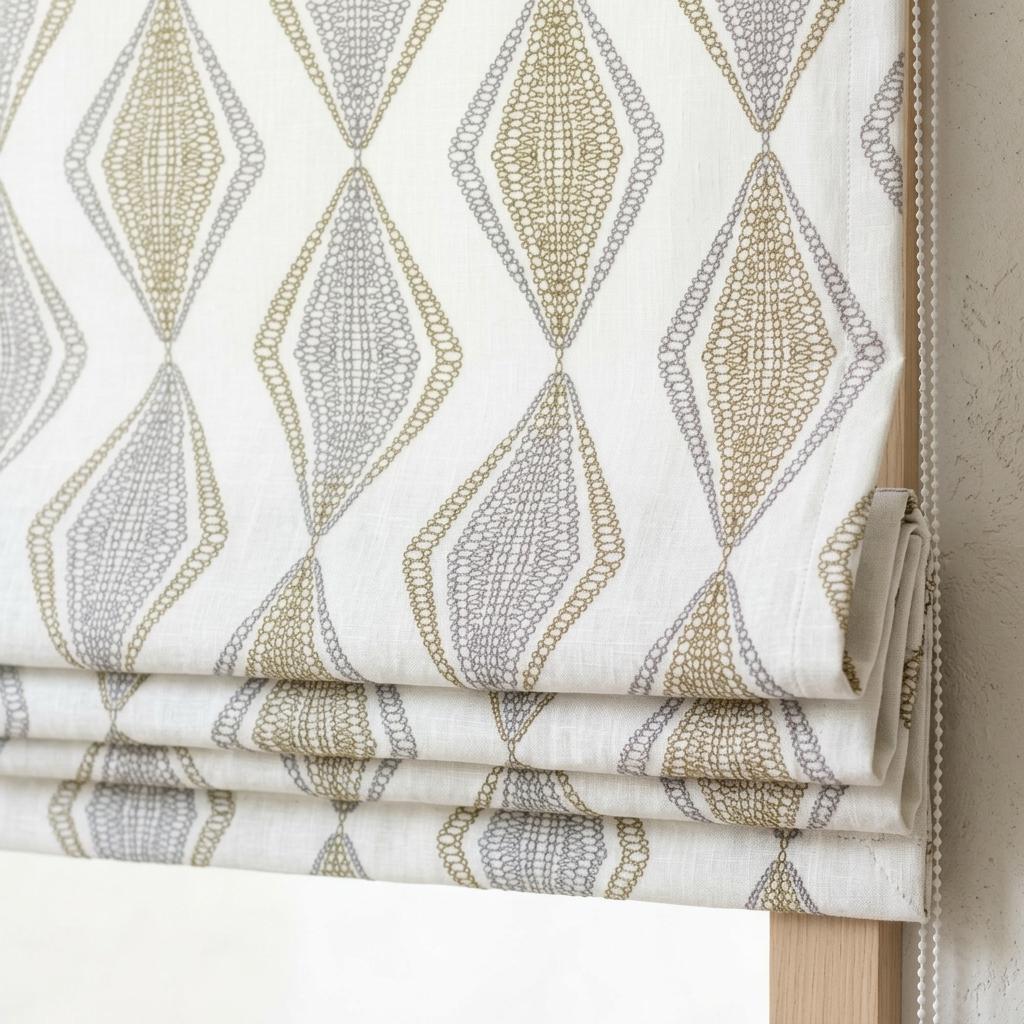 White Linen Roman Shade, Olive Green Gray Embroidered Diamond Blind, Custom Corded Window Shade, Blackout or Cotton Lined — image 2