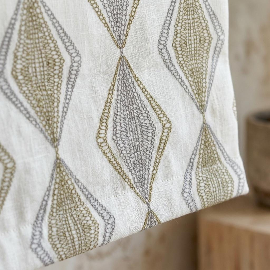 White Linen Roman Shade, Olive Green Gray Embroidered Diamond Blind, Custom Corded Window Shade, Blackout or Cotton Lined — image 8