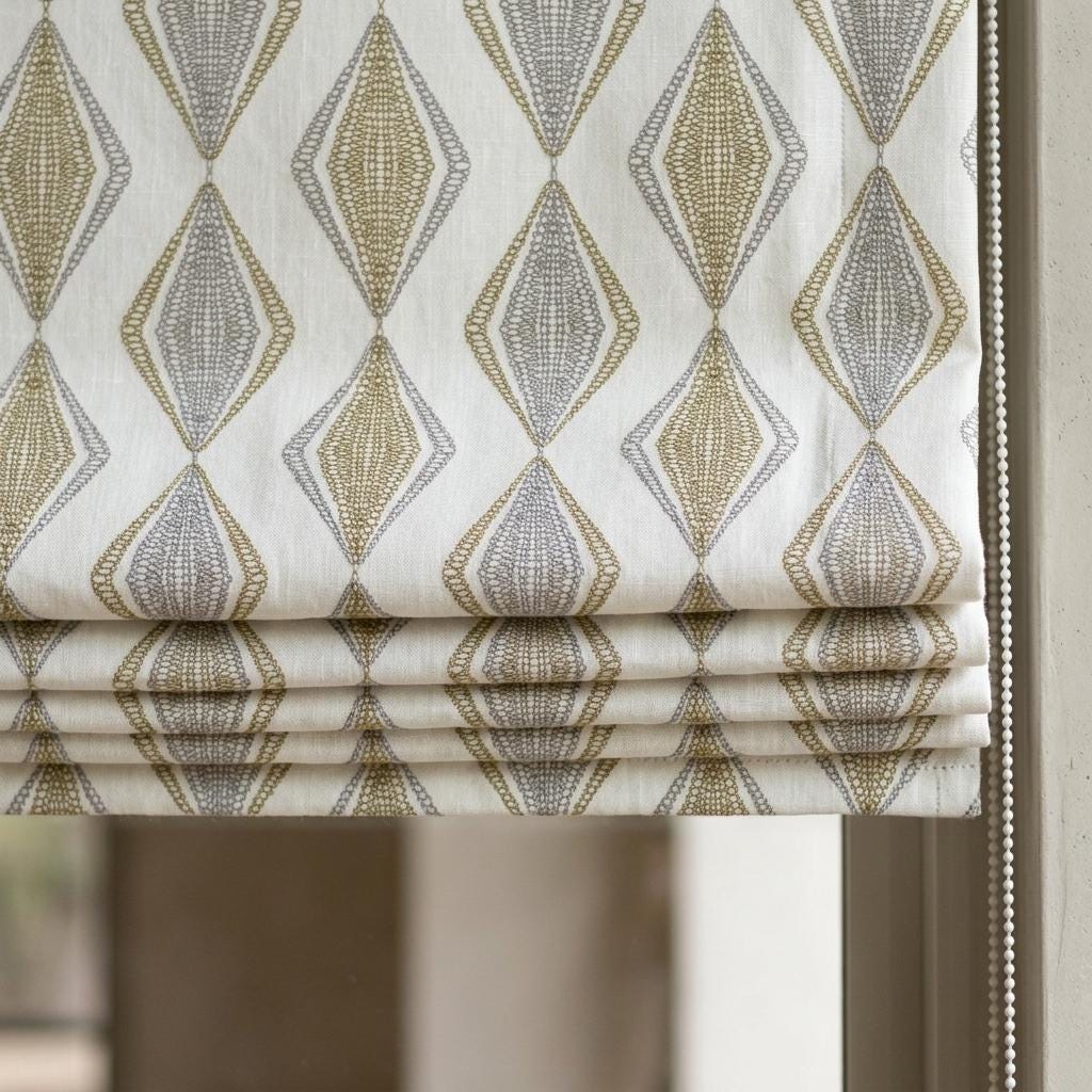 White Linen Roman Shade, Olive Green Gray Embroidered Diamond Blind, Custom Corded Window Shade, Blackout or Cotton Lined — image 7