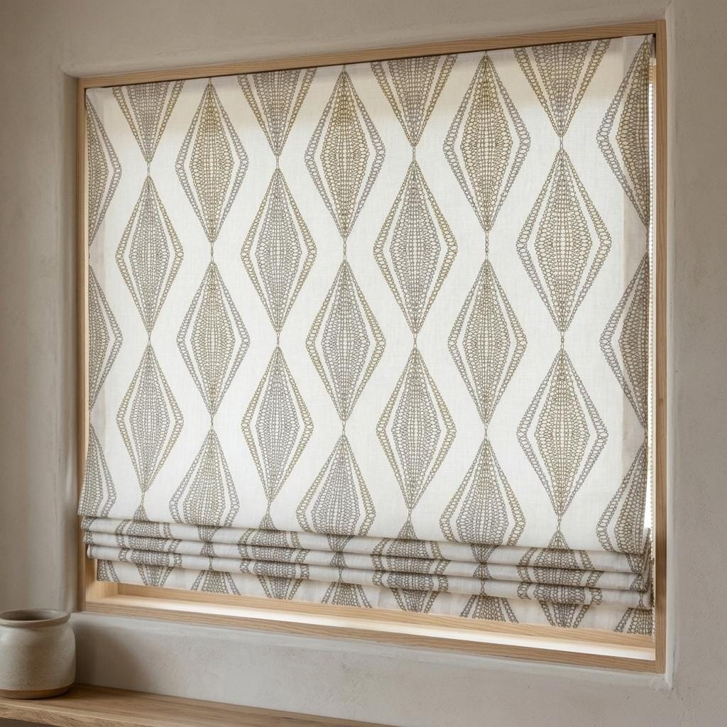 White Linen Roman Shade, Olive Green Gray Embroidered Diamond Blind, Custom Corded Window Shade, Blackout or Cotton Lined — image 6