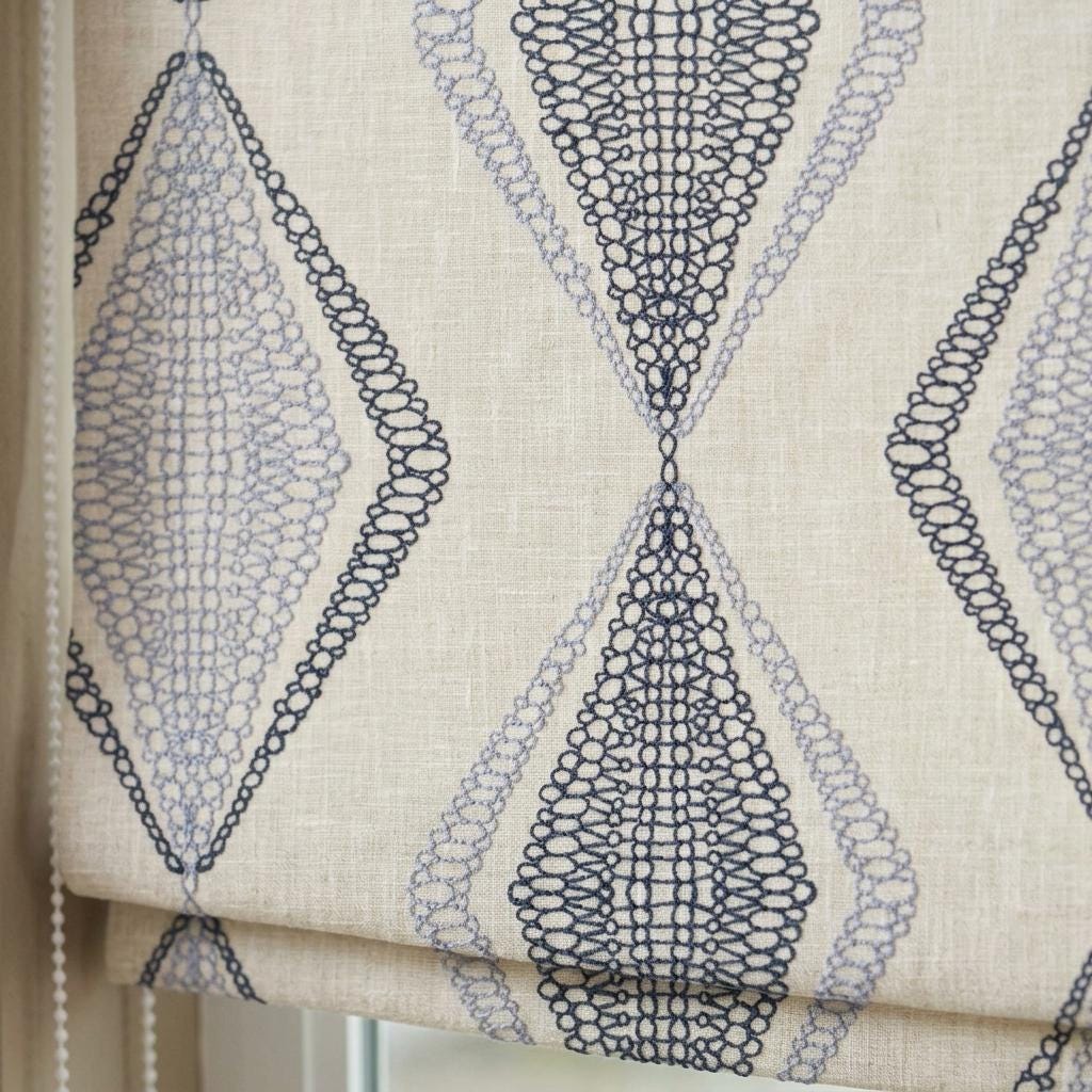 Ivory Linen Roman Shade, Navy Blue Embroidered Diamond Blind, Custom Corded Window Shade, Blackout or Cotton Lined — image 4