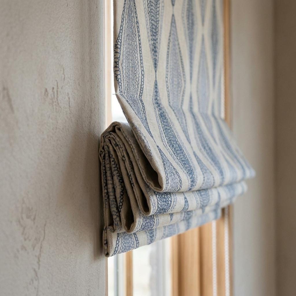 Ivory Linen Roman Shade, Navy Blue Embroidered Diamond Blind, Custom Corded Window Shade, Blackout or Cotton Lined — image 9