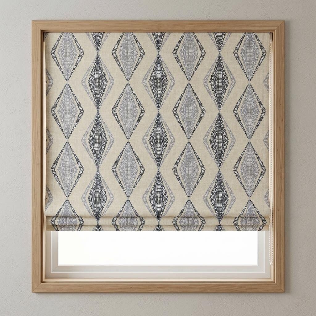 Ivory Linen Roman Shade, Navy Blue Embroidered Diamond Blind, Custom Corded Window Shade, Blackout or Cotton Lined — image 7